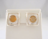 Unusual Handcrafted Artisan Signed Vintage Modernist Textured Sterling Silver & Golden Butterscotch Cabochon Gemstone Raked Square Pierced Earrings