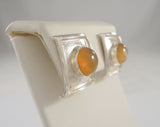 Unusual Handcrafted Artisan Signed Vintage Modernist Textured Sterling Silver & Golden Butterscotch Cabochon Gemstone Raked Square Pierced Earrings