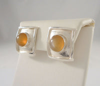 Unusual Handcrafted Artisan Signed Vintage Modernist Textured Sterling Silver & Golden Butterscotch Cabochon Gemstone Raked Square Pierced Earrings