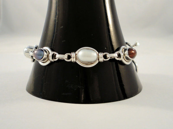 Unusual Handcrafted Vintage Sterling Silver w/ White Peacock Burgundy & Amber Colored Baroque Pearl Toggle Bracelet 8" Long