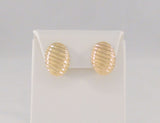Large Signed Vintage Solid 14K Yellow Gold Puffy Fluted Oval Shell Look Diagonal Stripe Omega Clip-On Earrings 22mm