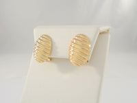 Large Signed Vintage Solid 14K Yellow Gold Puffy Fluted Oval Shell Look Diagonal Stripe Omega Clip-On Earrings 22mm