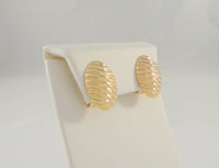 Large Signed Vintage Solid 14K Yellow Gold Puffy Fluted Oval Shell Look Diagonal Stripe Omega Clip-On Earrings 22mm
