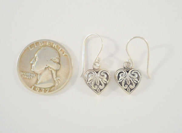 Long Signed Detailed Vintage Sterling Silver Carved Oxidized Cutaway Scrollwork Puffy Heart Hook Dangle Earrings