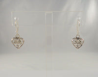 Long Signed Detailed Vintage Sterling Silver Carved Oxidized Cutaway Scrollwork Puffy Heart Hook Dangle Earrings