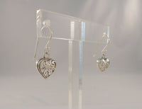 Long Signed Detailed Vintage Sterling Silver Carved Oxidized Cutaway Scrollwork Puffy Heart Hook Dangle Earrings