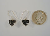 Long Signed Detailed Vintage Sterling Silver Carved Oxidized Cutaway Scrollwork Puffy Heart Hook Dangle Earrings