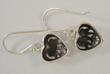 Long Signed Detailed Vintage Sterling Silver Carved Oxidized Cutaway Scrollwork Puffy Heart Hook Dangle Earrings