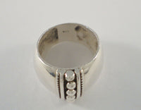 Large Vintage Handmade Sterling Silver 14.5mm Wide Applied Rope Braid and Caviar Bead Vertical Stripe Band Ring Size 6