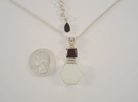 Chunky Unusual Vintage Sterling Silver Geometric Mother of Pearl & Garnet Pendant Necklace 18 - 20" Adjustable Length