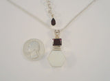 Chunky Unusual Vintage Sterling Silver Geometric Mother of Pearl & Garnet Pendant Necklace 18 - 20" Adjustable Length