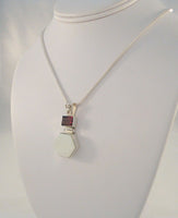 Chunky Unusual Vintage Sterling Silver Geometric Mother of Pearl & Garnet Pendant Necklace 18 - 20" Adjustable Length