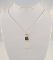 Chunky Unusual Vintage Sterling Silver Geometric Mother of Pearl & Garnet Pendant Necklace 18 - 20" Adjustable Length