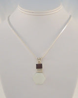 Chunky Unusual Vintage Sterling Silver Geometric Mother of Pearl & Garnet Pendant Necklace 18 - 20" Adjustable Length