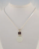 Chunky Unusual Vintage Sterling Silver Geometric Mother of Pearl & Garnet Pendant Necklace 18 - 20" Adjustable Length