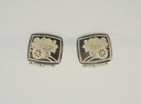 Large Handmade Vintage 950 Sterling Silver & Black Niello Enamel Cufflinks w/ Detailed Etched Asian Garden Scene Peonies Flowers Spilling From Wooden Cart