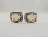 Large Handmade Vintage 950 Sterling Silver & Black Niello Enamel Cufflinks w/ Detailed Etched Asian Garden Scene Peonies Flowers Spilling From Wooden Cart