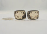 Large Handmade Vintage 950 Sterling Silver & Black Niello Enamel Cufflinks w/ Detailed Etched Asian Garden Scene Peonies Flowers Spilling From Wooden Cart