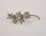 Large Detailed Vintage Signed Judith Jack Sterling Silver & Marcasite Dimensional Leafy Floral Pin or Brooch w/ Clear Gem Accents Flowers