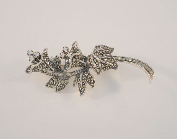 Large Detailed Vintage Signed Judith Jack Sterling Silver & Marcasite Dimensional Leafy Floral Pin or Brooch w/ Clear Gem Accents Flowers