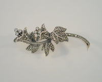 Large Detailed Vintage Signed Judith Jack Sterling Silver & Marcasite Dimensional Leafy Floral Pin or Brooch w/ Clear Gem Accents Flowers