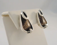 Large Unusual Vintage Mid-Century Modernist Brutalist Sterling Silver & Patterned Stone Screwback Earrings