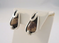 Large Unusual Vintage Mid-Century Modernist Brutalist Sterling Silver & Patterned Stone Screwback Earrings