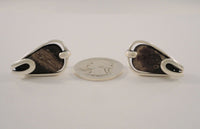 Large Unusual Vintage Mid-Century Modernist Brutalist Sterling Silver & Patterned Stone Screwback Earrings