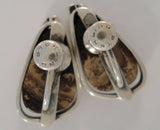 Large Unusual Vintage Mid-Century Modernist Brutalist Sterling Silver & Patterned Stone Screwback Earrings