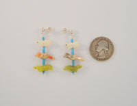 Long Colorful Vintage Sterling Silver Turquoise, Mother of Pearl & Gemstone Hand Carved Zuni Fetish Animal Dangle Pierced Earrings Southwest MOP