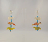 Long Colorful Vintage Sterling Silver Turquoise, Mother of Pearl & Gemstone Hand Carved Zuni Fetish Animal Dangle Pierced Earrings Southwest MOP