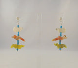 Long Colorful Vintage Sterling Silver Turquoise, Mother of Pearl & Gemstone Hand Carved Zuni Fetish Animal Dangle Pierced Earrings Southwest MOP