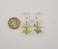 Long Colorful Vintage Sterling Silver Turquoise, Mother of Pearl & Gemstone Hand Carved Zuni Fetish Animal Dangle Pierced Earrings Southwest MOP