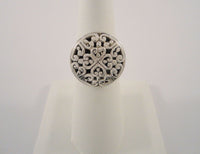 Bold Chunky Vintage Sterling Silver Round Shadowbox Fretwork Hearts & Caviar Round Filigree Ring Size 6.5