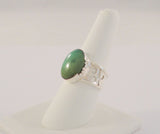 Large Unusual Vintage Sterling Silver & Cabochon Green Nephrite Jade Wide Cutout Band Caviar Detailed Ring Size 8