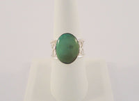 Large Unusual Vintage Sterling Silver & Cabochon Green Nephrite Jade Wide Cutout Band Caviar Detailed Ring Size 8