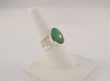 Large Unusual Vintage Sterling Silver & Cabochon Green Nephrite Jade Wide Cutout Band Caviar Detailed Ring Size 8