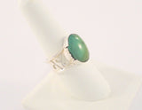 Large Unusual Vintage Sterling Silver & Cabochon Green Nephrite Jade Wide Cutout Band Caviar Detailed Ring Size 8