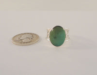 Large Unusual Vintage Sterling Silver & Cabochon Green Nephrite Jade Wide Cutout Band Caviar Detailed Ring Size 8