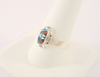 Vintage Signed E. Leekity Sterling Silver Blue Turquoise Red Coral Black Onyx & Mother of Pearl Zuni Inlay Hand Stamped Ring Size 11