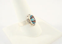 Vintage Signed E. Leekity Sterling Silver Blue Turquoise Red Coral Black Onyx & Mother of Pearl Zuni Inlay Hand Stamped Ring Size 11