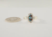 Vintage Signed E. Leekity Sterling Silver Blue Turquoise Red Coral Black Onyx & Mother of Pearl Zuni Inlay Hand Stamped Ring Size 11