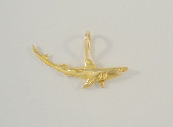 Large Fierce Detailed Vintage 14K Solid Yellow Gold Diamond Cut Swimming Shark Pendant 26.9x9.5mm