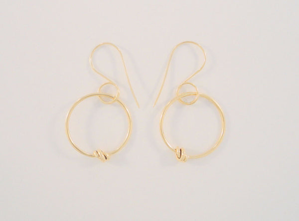 Large Handcrafted Vintage 14K Solid Yellow Gold Open Circle Hoop Long Dangle Hook Earrings w/ Knot Detail