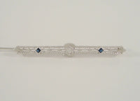 Vintage or Antique Art Deco Solid 14K White Gold Filigree Bar Brooch set w/ a Mine Cut Diamond & Two Blue Sapphires Openwork Pin