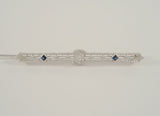 Vintage or Antique Art Deco Solid 14K White Gold Filigree Bar Brooch set w/ a Mine Cut Diamond & Two Blue Sapphires Openwork Pin