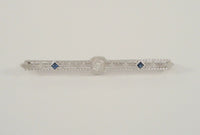 Vintage or Antique Art Deco Solid 14K White Gold Filigree Bar Brooch set w/ a Mine Cut Diamond & Two Blue Sapphires Openwork Pin