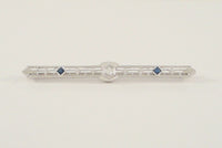 Vintage or Antique Art Deco Solid 14K White Gold Filigree Bar Brooch set w/ a Mine Cut Diamond & Two Blue Sapphires Openwork Pin