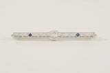 Vintage or Antique Art Deco Solid 14K White Gold Filigree Bar Brooch set w/ a Mine Cut Diamond & Two Blue Sapphires Openwork Pin