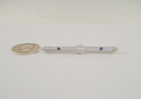 Vintage or Antique Art Deco Solid 14K White Gold Filigree Bar Brooch set w/ a Mine Cut Diamond & Two Blue Sapphires Openwork Pin